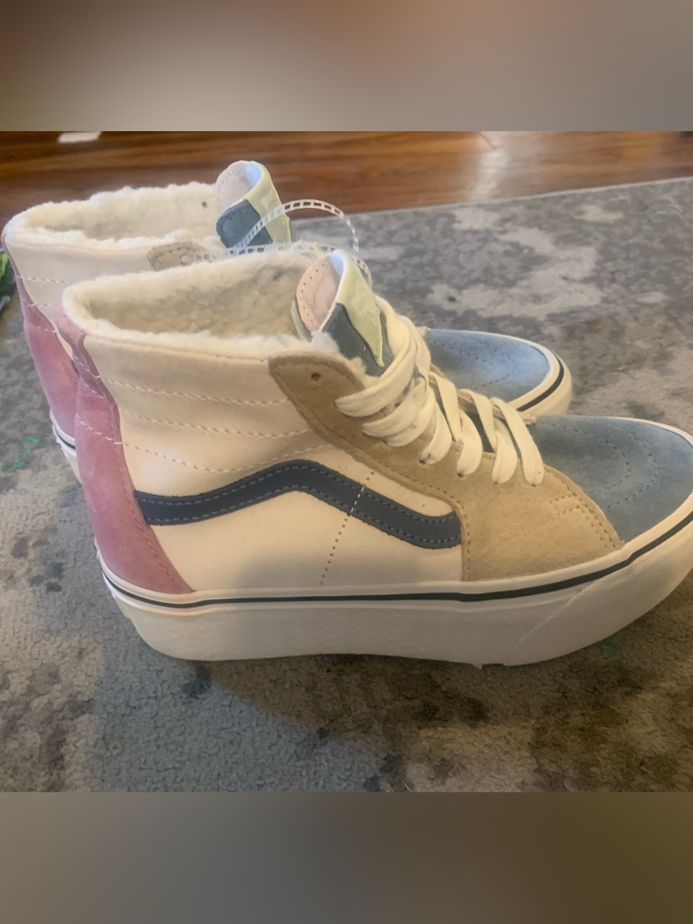 Vans women’s High-Top Sneakers in White with Blue, Pink & Tan Accents
